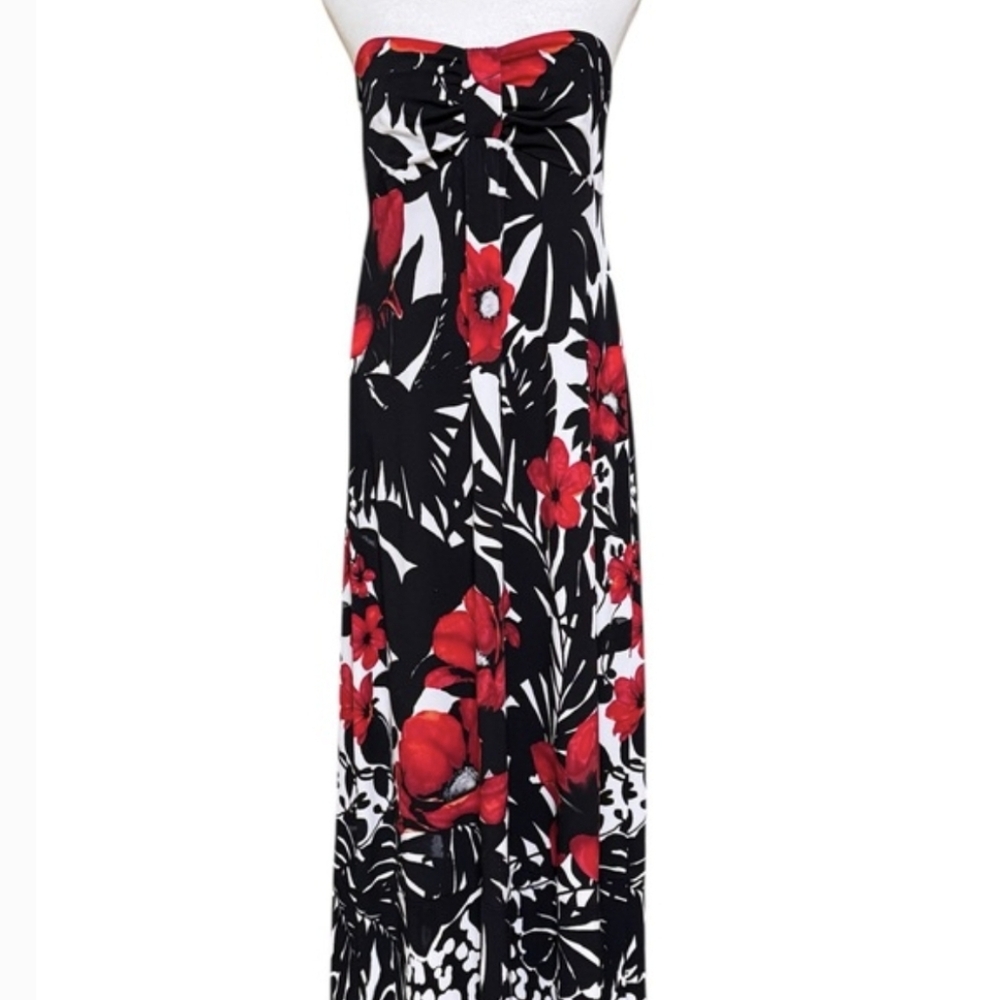 WHBM Womans Halter Or Strapless Hawaiian Floral Black and Red Maxi Dress